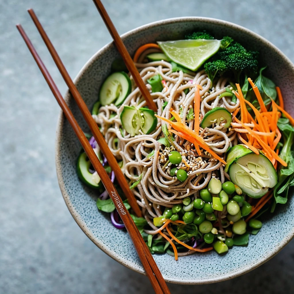 Colorful salad in a bowl with green vegetables, orange carrots, and brown noodles, drizzled with a dark sesame dressing and sprinkled with sesame seeds.