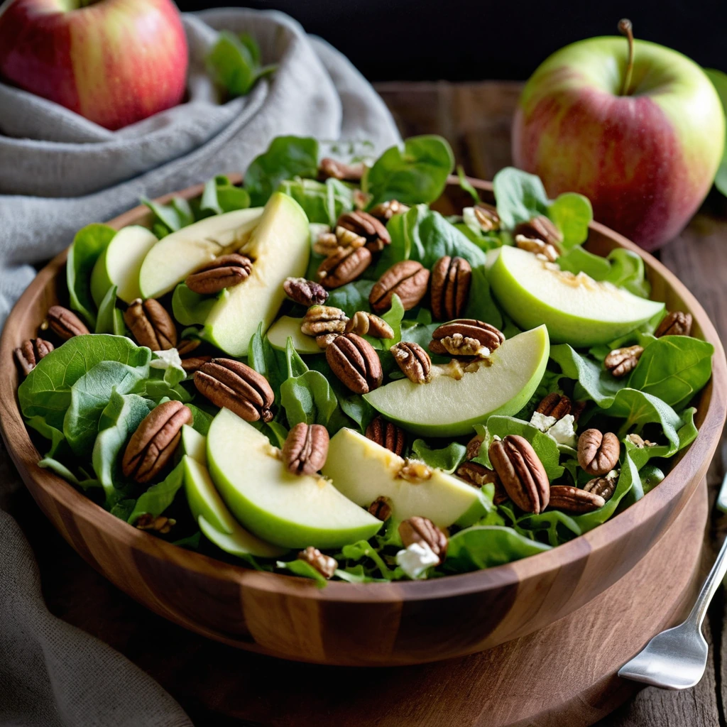 Mixed greens topped with apple slices, cheddar cubes, toasted pecans in a rustic wooden bowl.