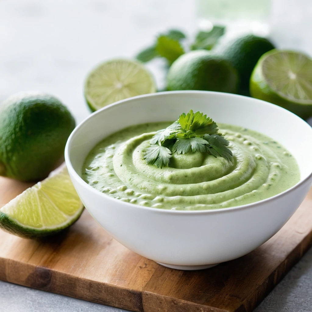 Green avocado cilantro lime sauce in a white bowl with a lime wedge garnish
