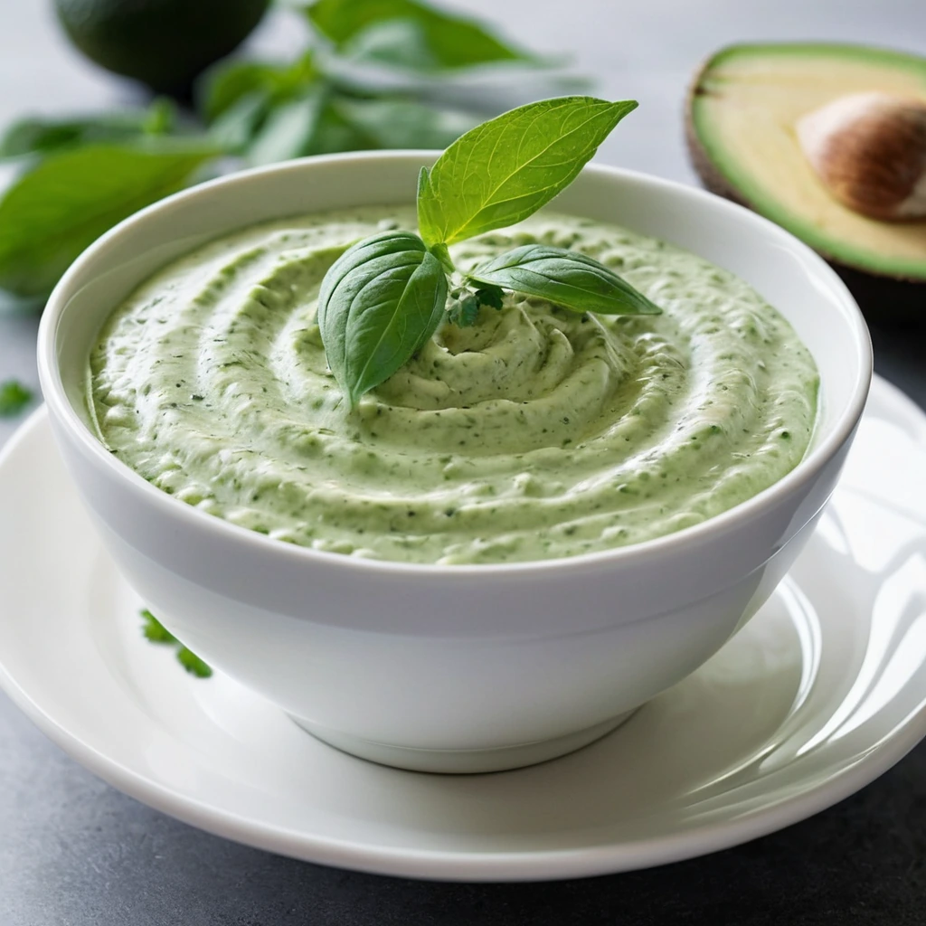 Smooth green dip in a white bowl with sprigs of fresh herbs on top