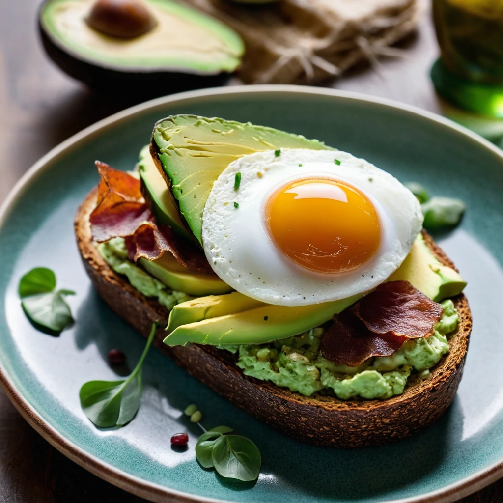 Toasted bread topped with vibrant green avocado, crispy golden prosciutto, and a sunny-side-up egg in a rustic bowl setting.