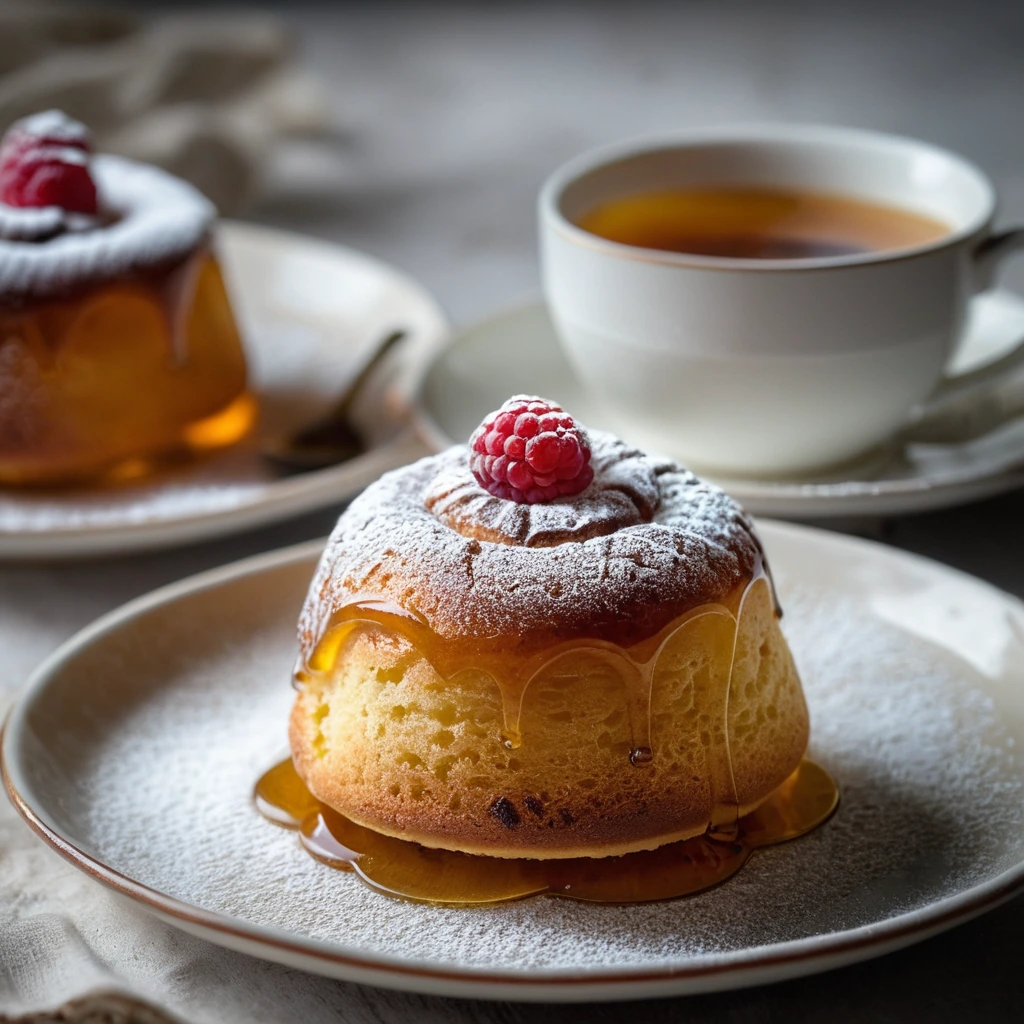 Golden yeast cake in a puddle of amber rum syrup, dusted with powdered sugar.