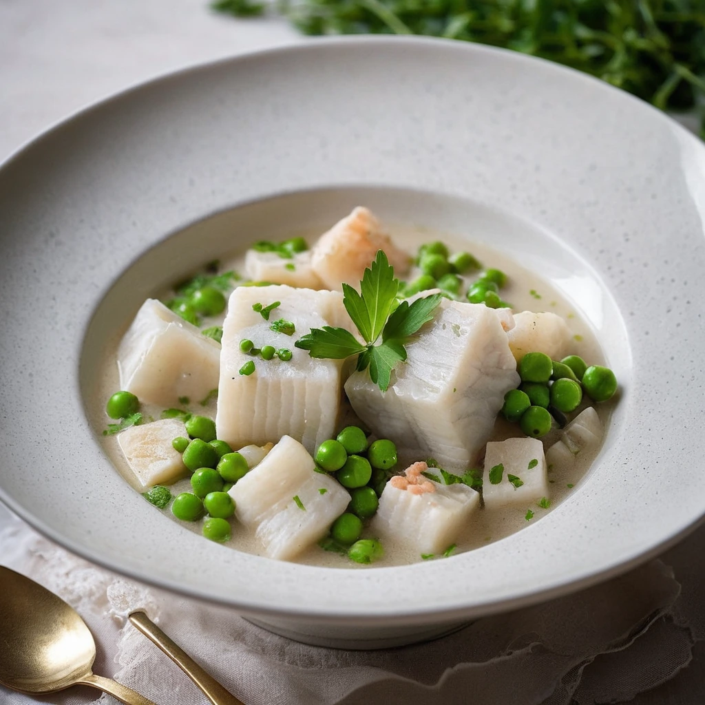 Steaming bowl of creamy white stew with chunks of tender cod and vibrant green peas