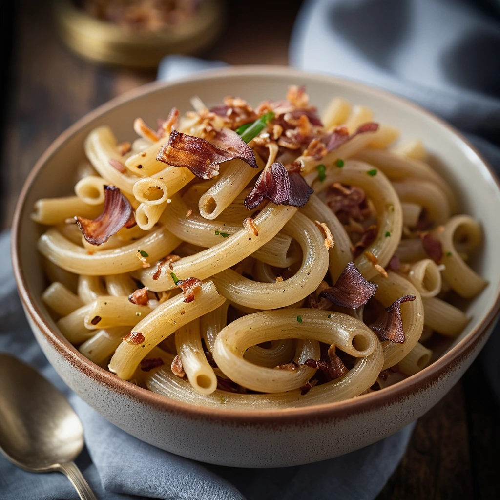 Golden macaroni in a creamy sauce with crispy bacon bits and caramelized onions served in a rustic bowl.