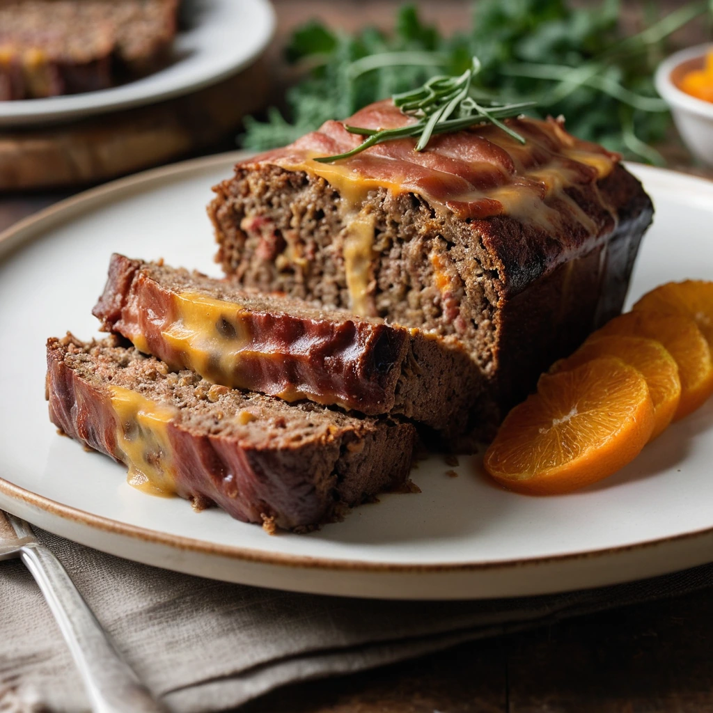 Slice of golden-brown meatloaf with melted orange cheddar and crispy bacon strips, served on a rustic plate.