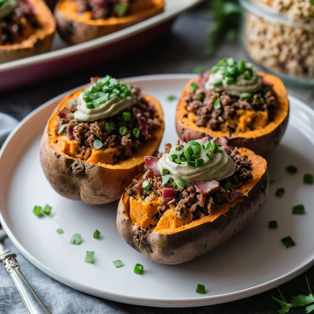 Two halved sweet potatoes filled with a mix of ground beef, melted cheddar, and crumbled bacon, topped with fresh chives.