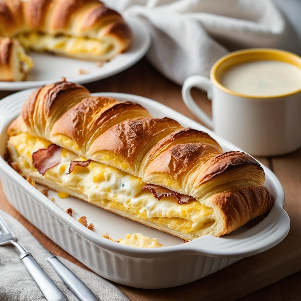 Golden brown casserole with crispy bacon, fluffy eggs, and melted cheese in a buttery croissant base, served in a baking dish.
