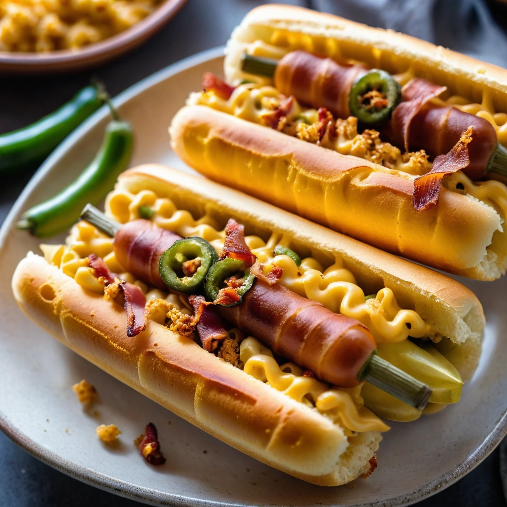 Golden hot dogs wrapped in orange mac and cheese, topped with crispy bacon bits and diced jalapeños on a plate.