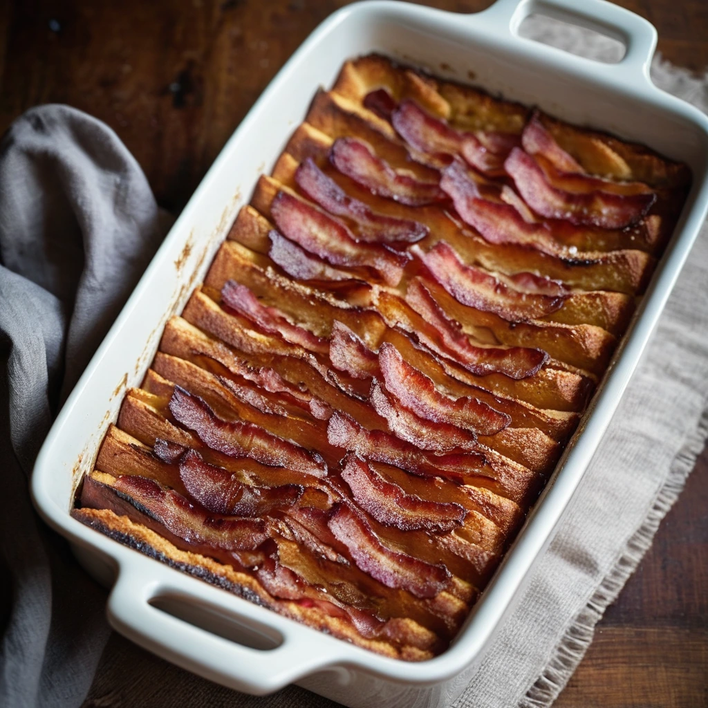 Golden-brown casserole in a baking dish, topped with crispy bacon and a drizzle of maple syrup, served on a rustic wooden table.