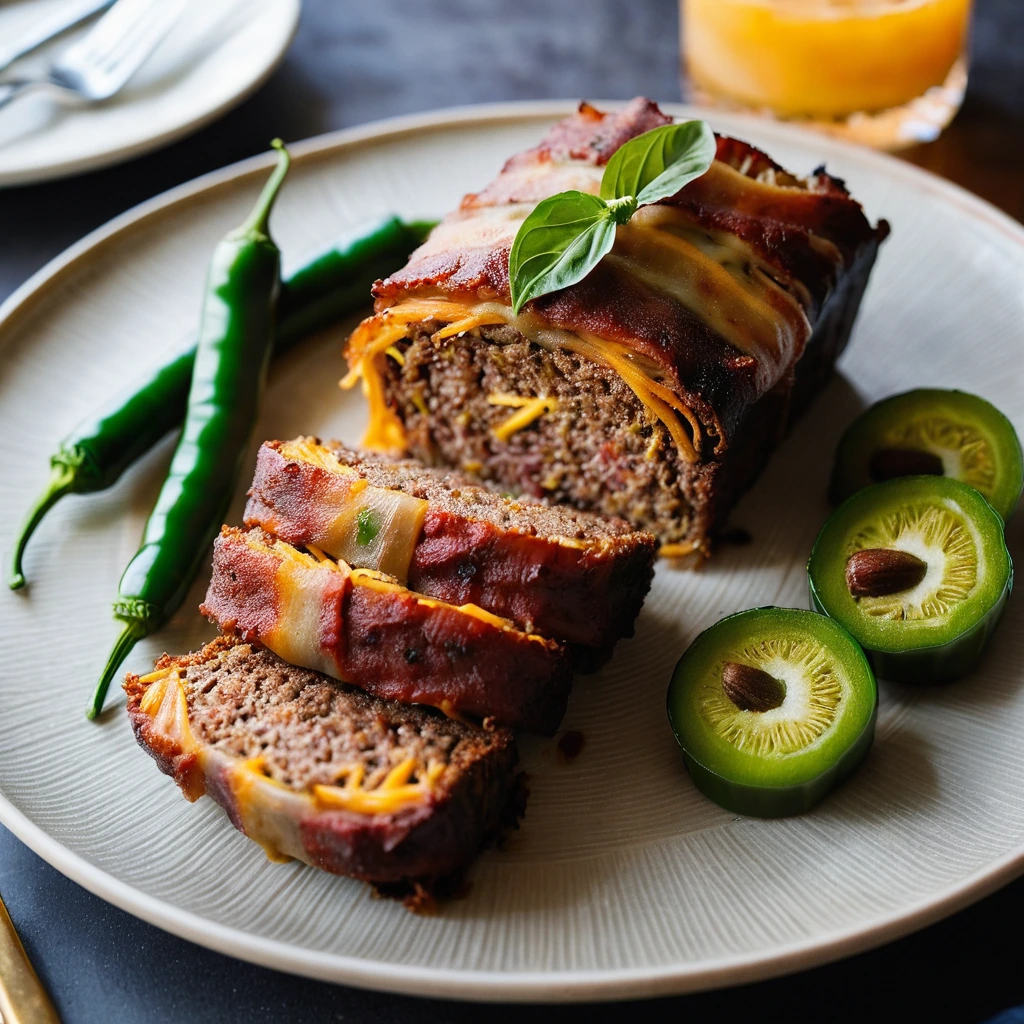 Golden brown meatloaf wrapped in crispy bacon, topped with melted cheddar and sliced jalapeños on a serving plate.