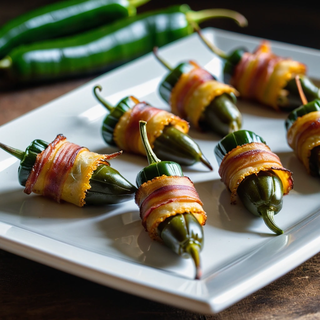 Golden brown bacon wrapped around green jalapeños filled with melted cheddar on a serving platter.