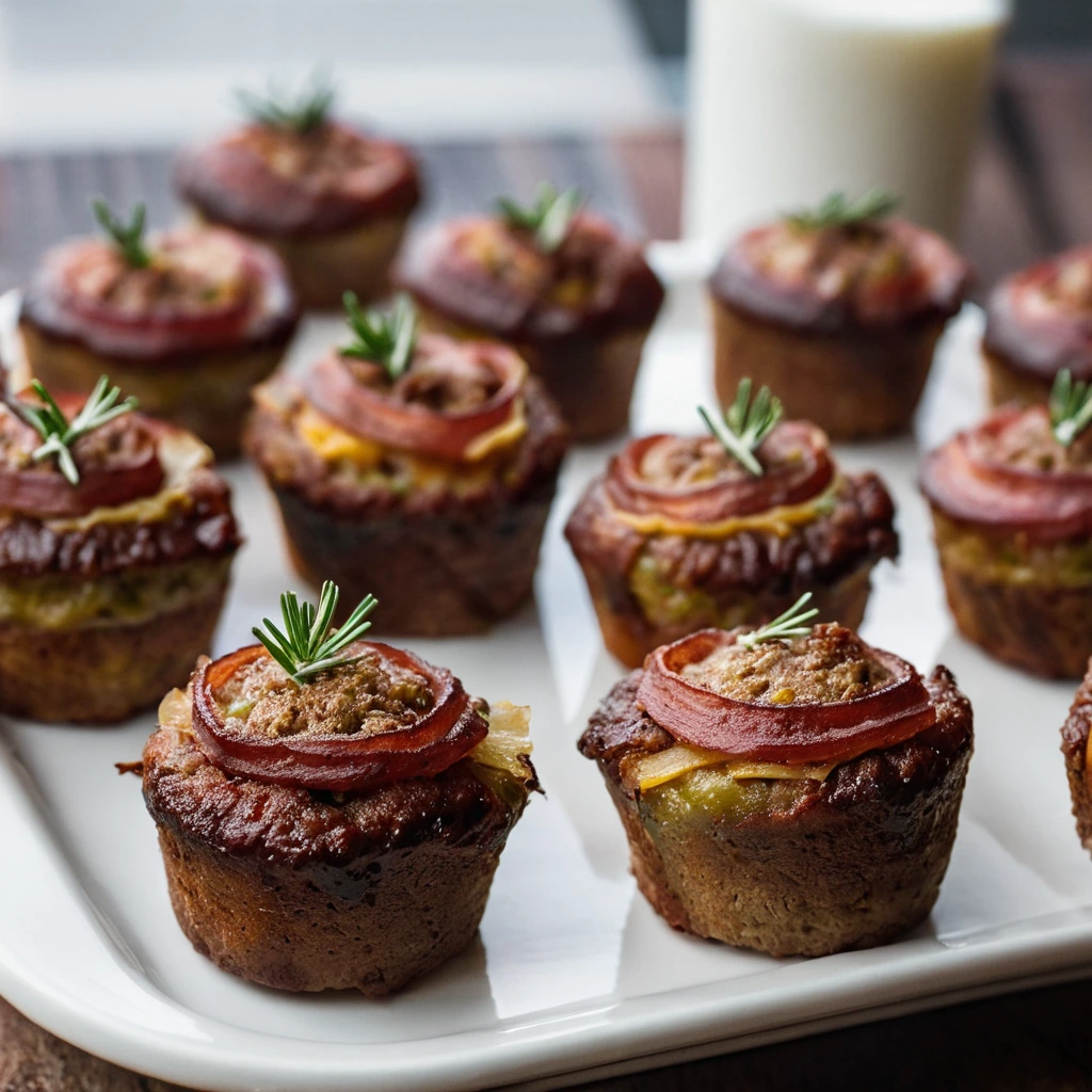 Mini meatloaves wrapped in golden bacon nestled in a muffin tin, with a browned top and a hint of tomato sauce.