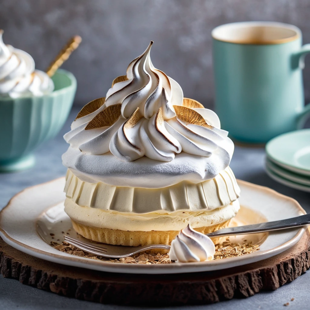 Golden-brown meringue peaks encasing a scoop of ice cream atop a round sponge cake slice, all plated on a rustic wooden board.