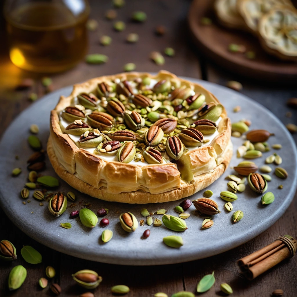 Baked brie wheel topped with golden honey and sprinkled with green pistachios on a rustic wooden board.