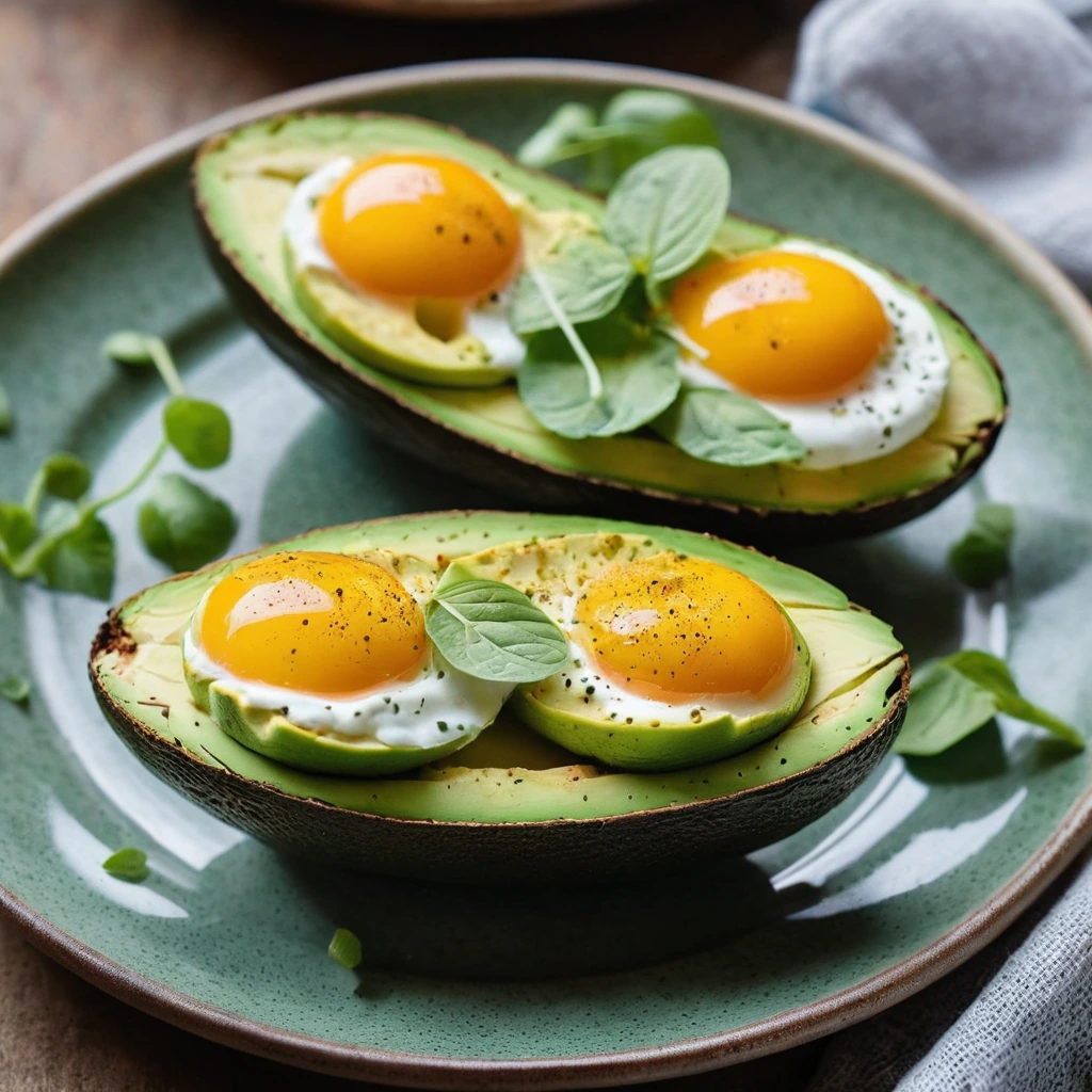 Two avocado halves baked with runny yolks, sprinkled with fresh chives on a rustic plate.