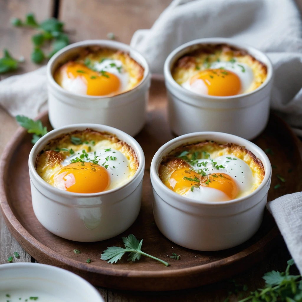 Four individual ramekins with golden-brown cheese topping and runny egg yolks in the center on a rustic wooden table.