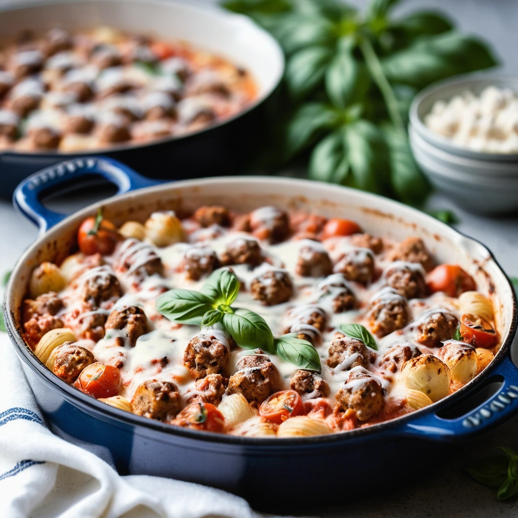 Baked gnocchi casserole with sausage and tomato cream sauce, topped with melted cheese and fresh basil.