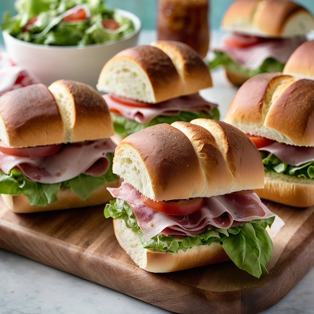 Mini sub rolls in a baking dish, golden brown with melted cheese, topped with lettuce and tomato slices.