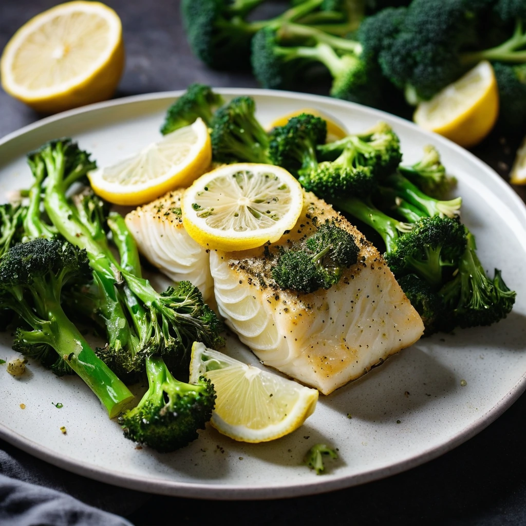 Baked cod fillets with lemon slices, surrounded by roasted broccoli on a baking sheet.