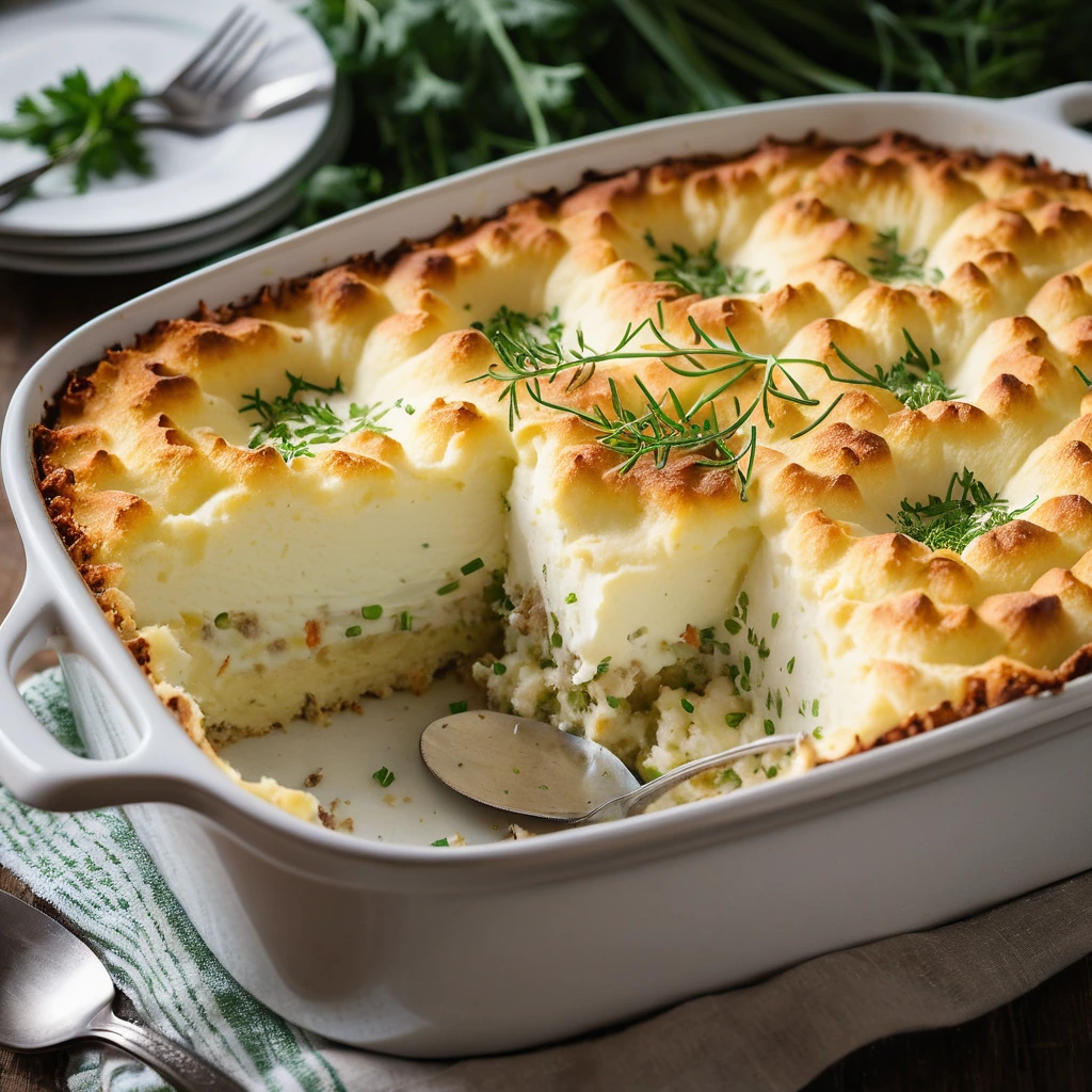 golden-brown casserole with fluffy mashed potatoes on top, sprinkled with chives and paprika