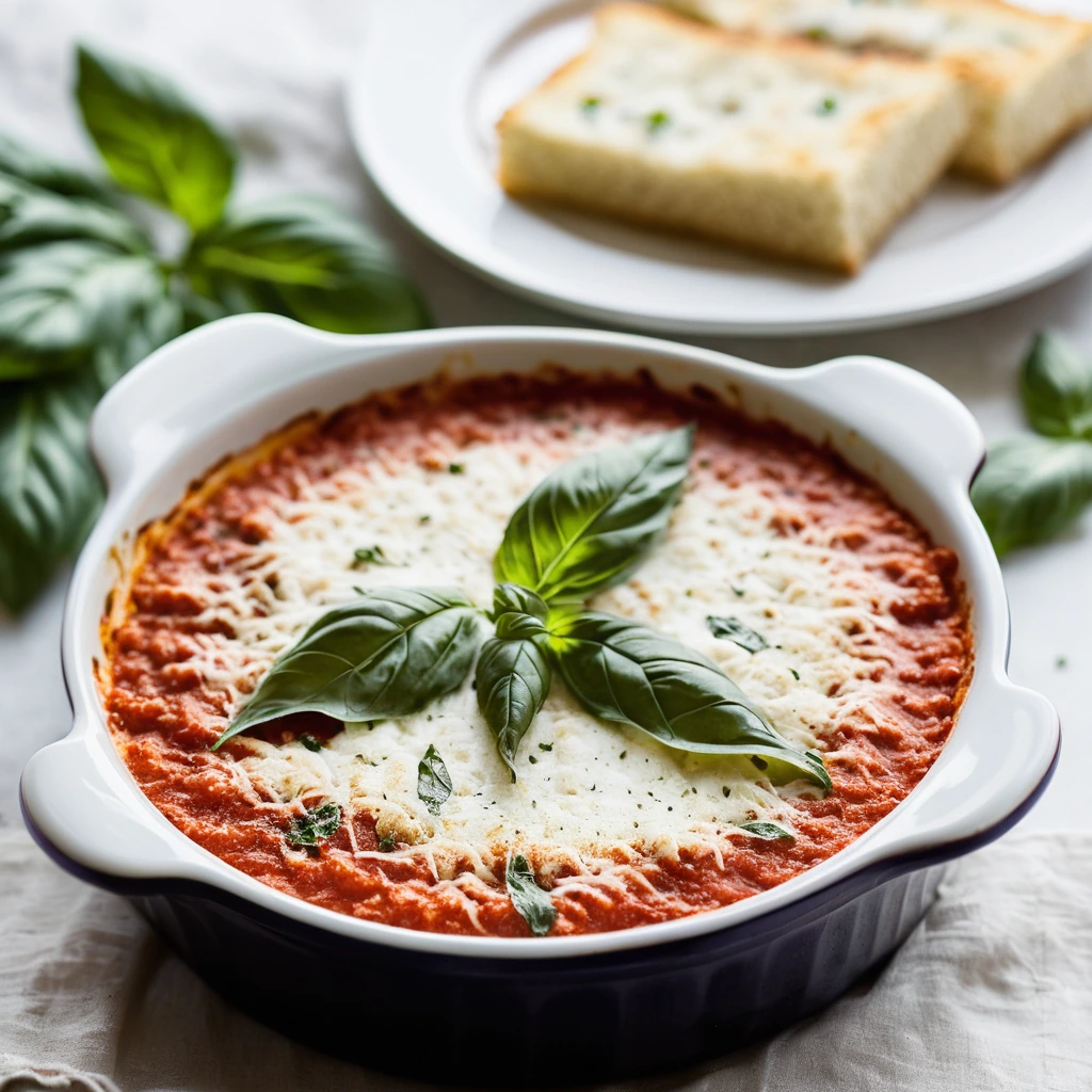 Baked dip in a casserole dish with melted mozzarella and bubbly marinara, sprinkled with fresh basil.