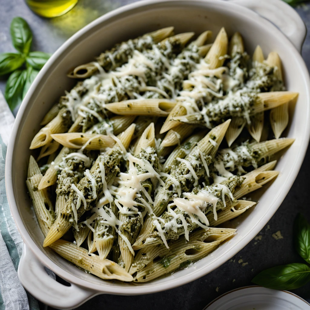 Baked penne pasta with chicken and melted mozzarella cheese in a green pesto sauce served in a baking dish.