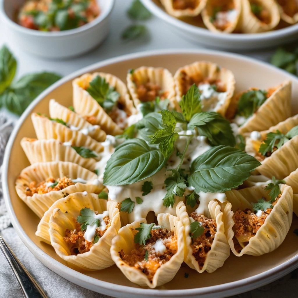 golden baked pasta shells with melted cheese on a serving platter