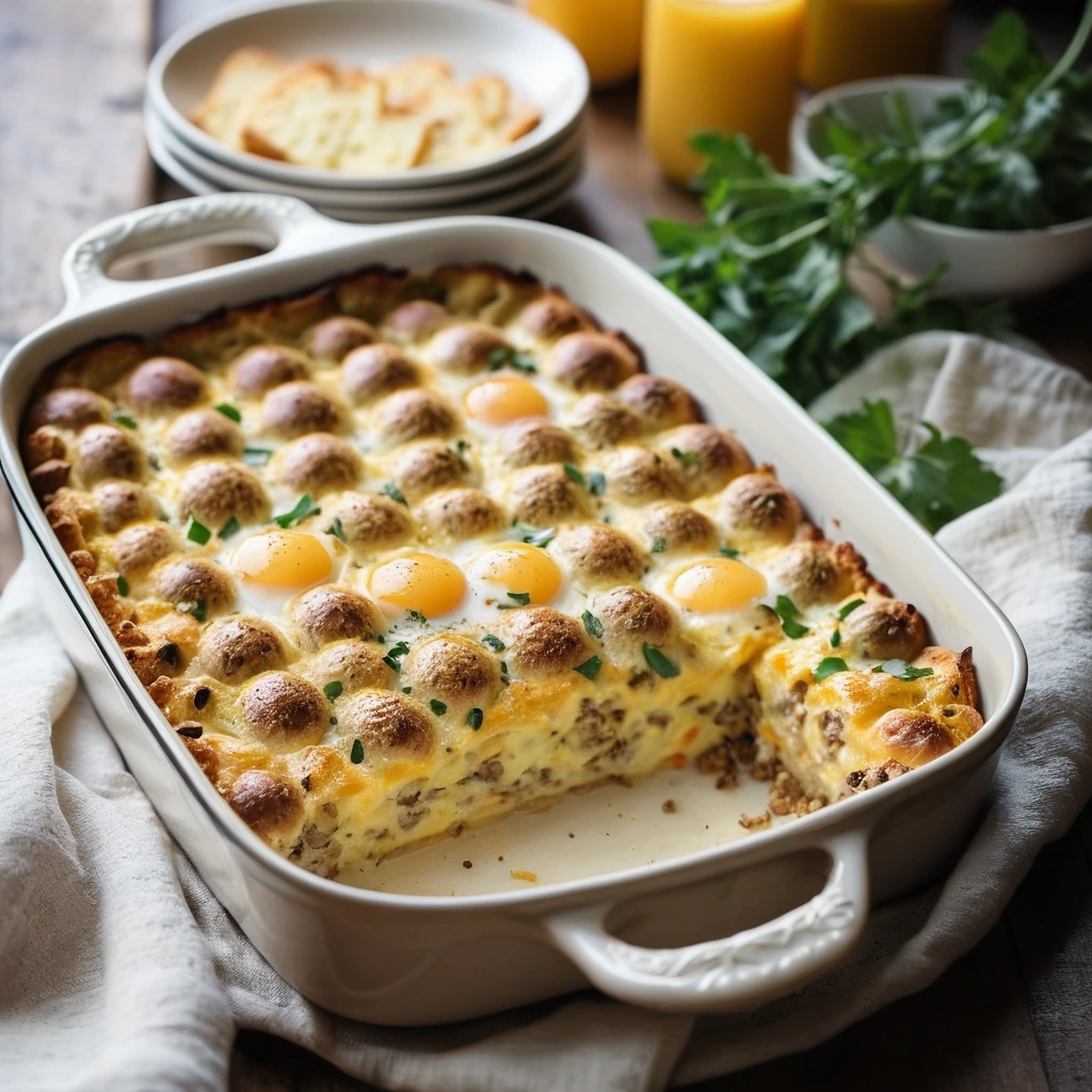 Golden casserole in a baking dish with melted cheese on top, served in a rustic kitchen setting.