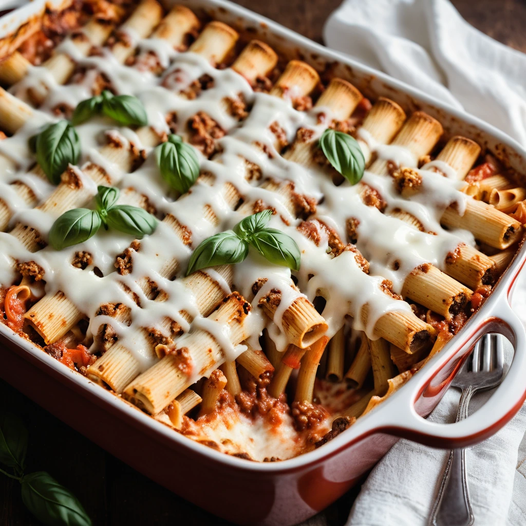 Golden-brown baked ziti in a casserole dish topped with melted mozzarella, bubbly and inviting.