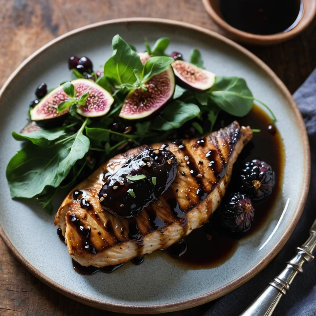 Golden chicken breasts glistening with a rich, dark glaze served on a rustic wooden board.