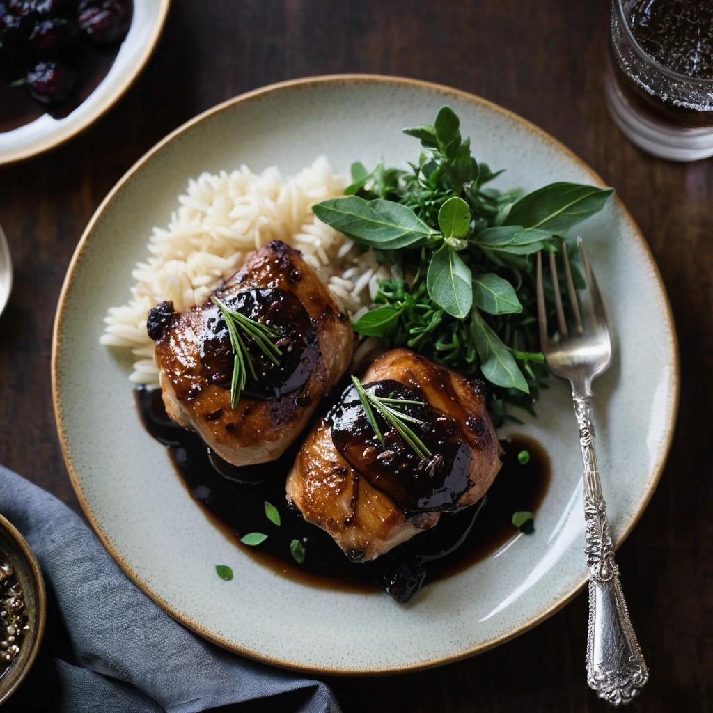 Golden chicken thighs arranged on a plate, glistening with a rich, dark glaze and garnished with fresh thyme sprigs.