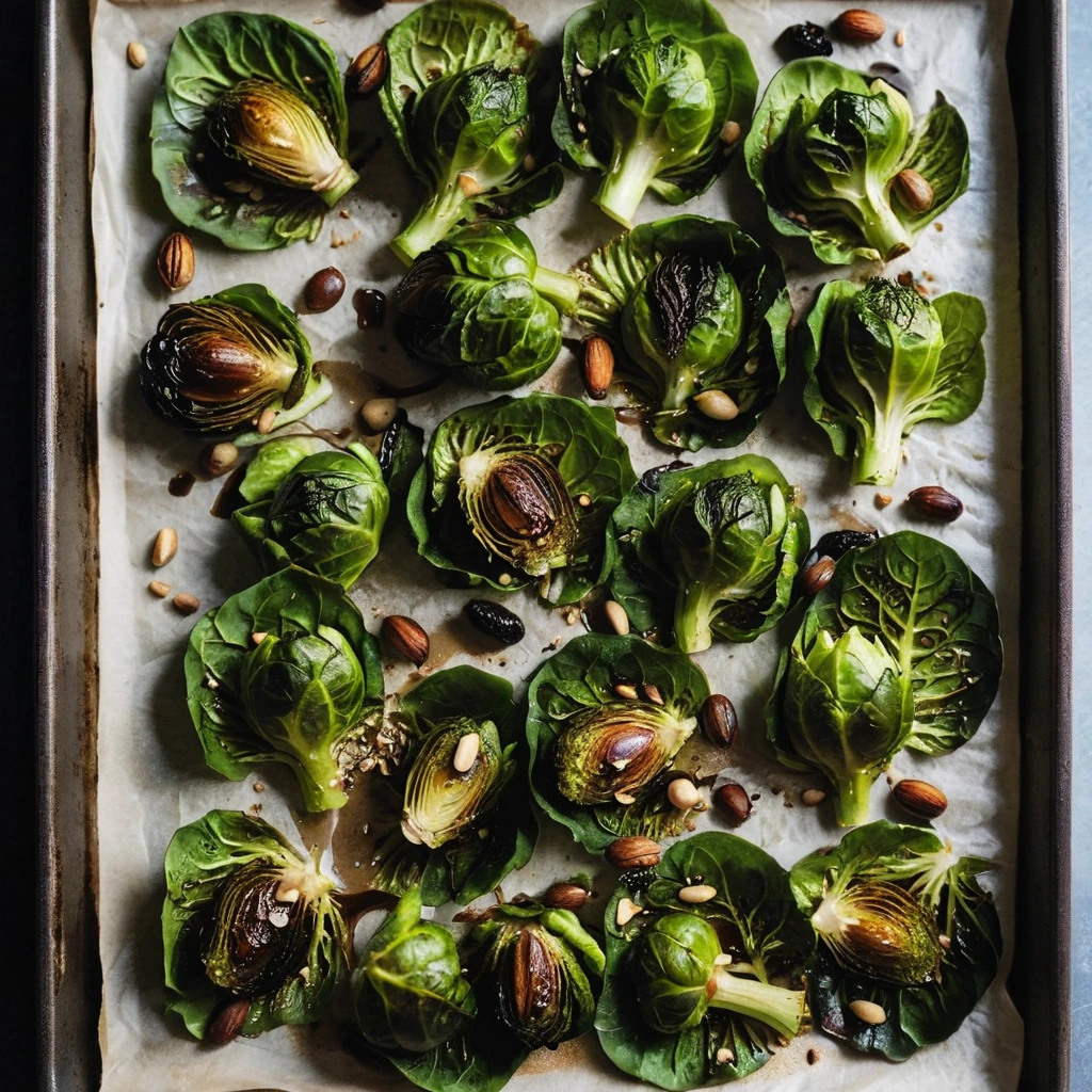 Roasted Brussels sprouts on a sheet pan drizzled with a shiny balsamic glaze, garnished with toasted pine nuts.
