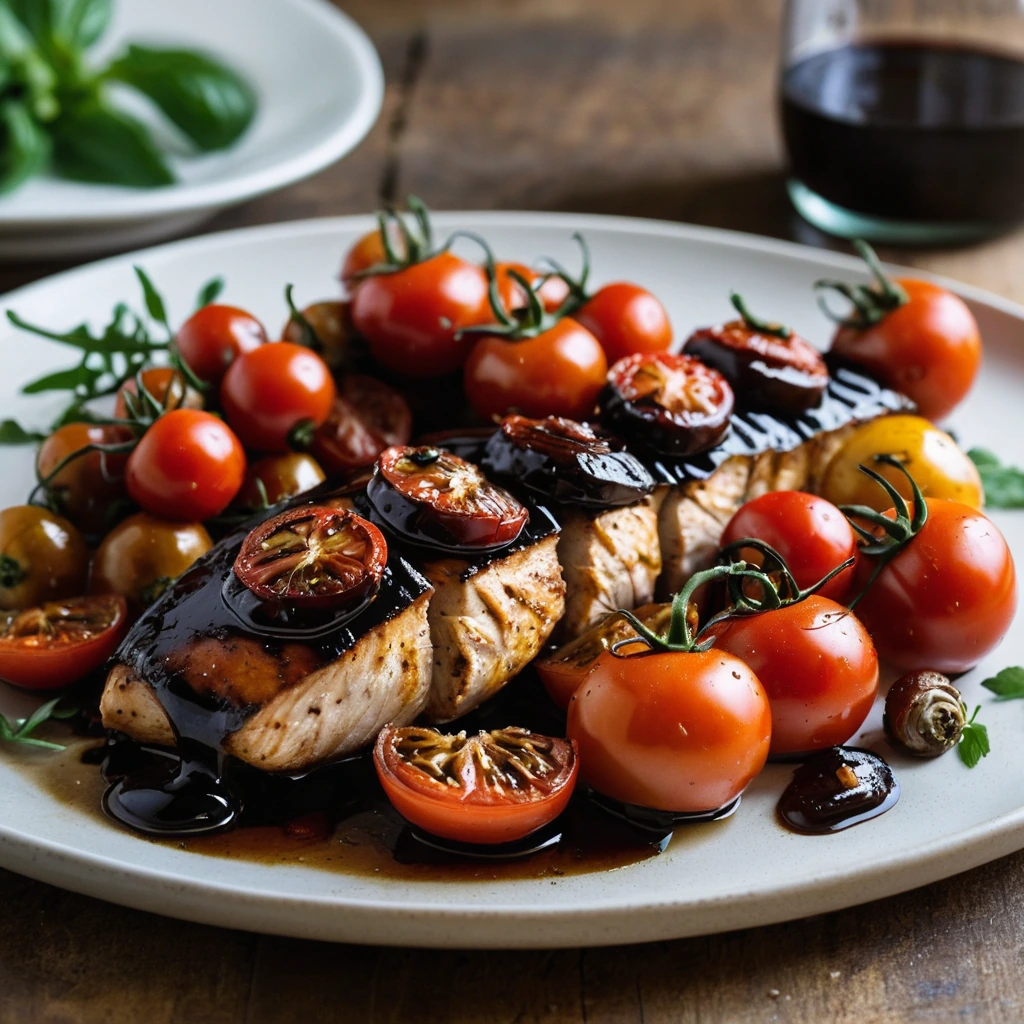 Golden roasted tomatoes and glossy balsamic-glazed chicken breasts on a rustic platter.