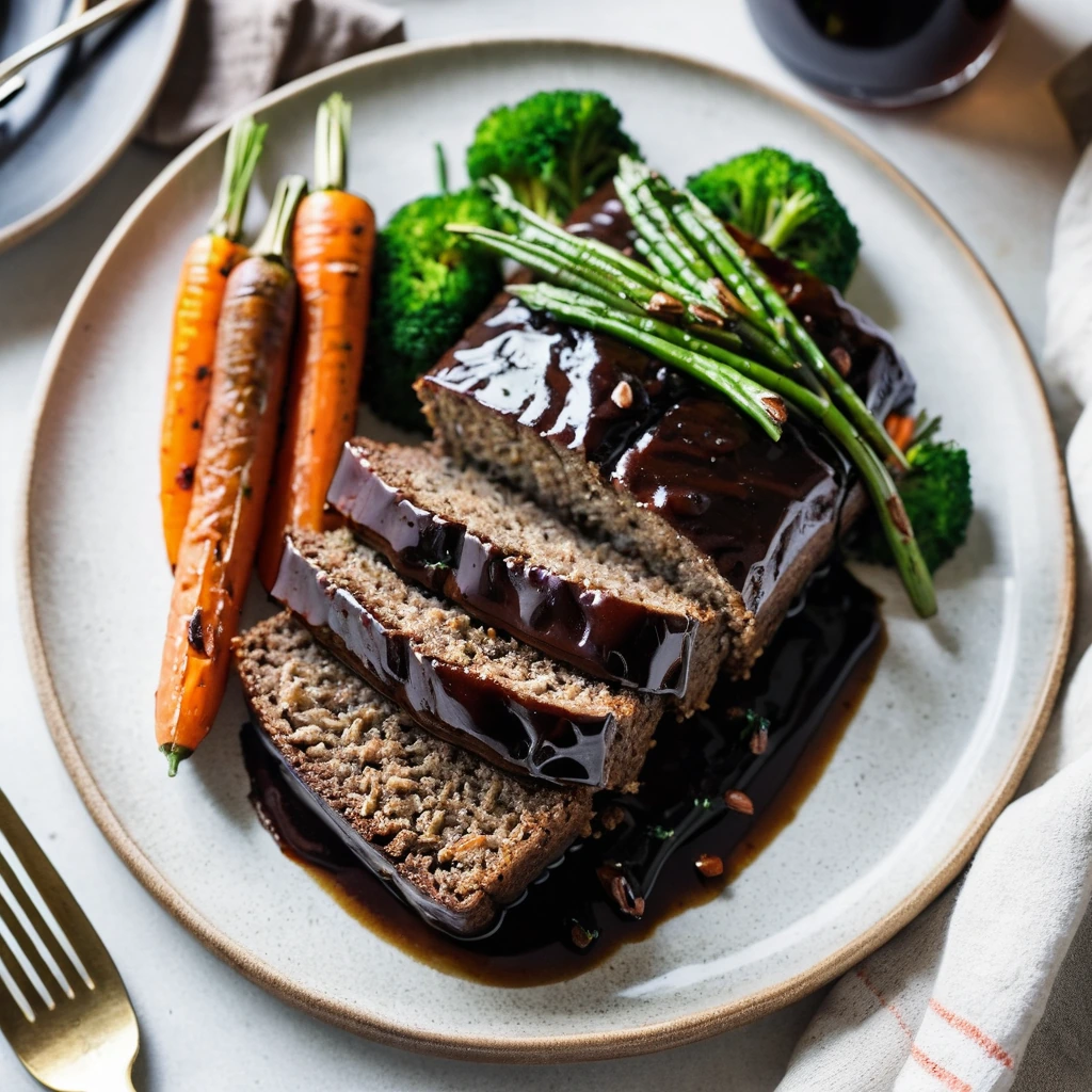 Slice of brown meatloaf with a shiny balsamic glaze served with orange roasted carrots on a white plate.