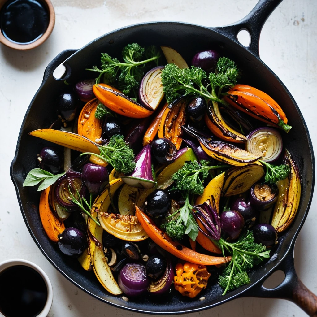 A rustic skillet filled with golden roasted vegetables drizzled with a dark, glossy balsamic glaze.