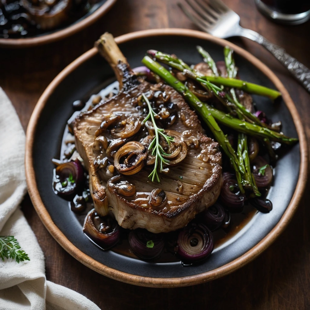 Four golden-brown pork chops in a glossy dark sauce with caramelized onions and fresh thyme sprigs.