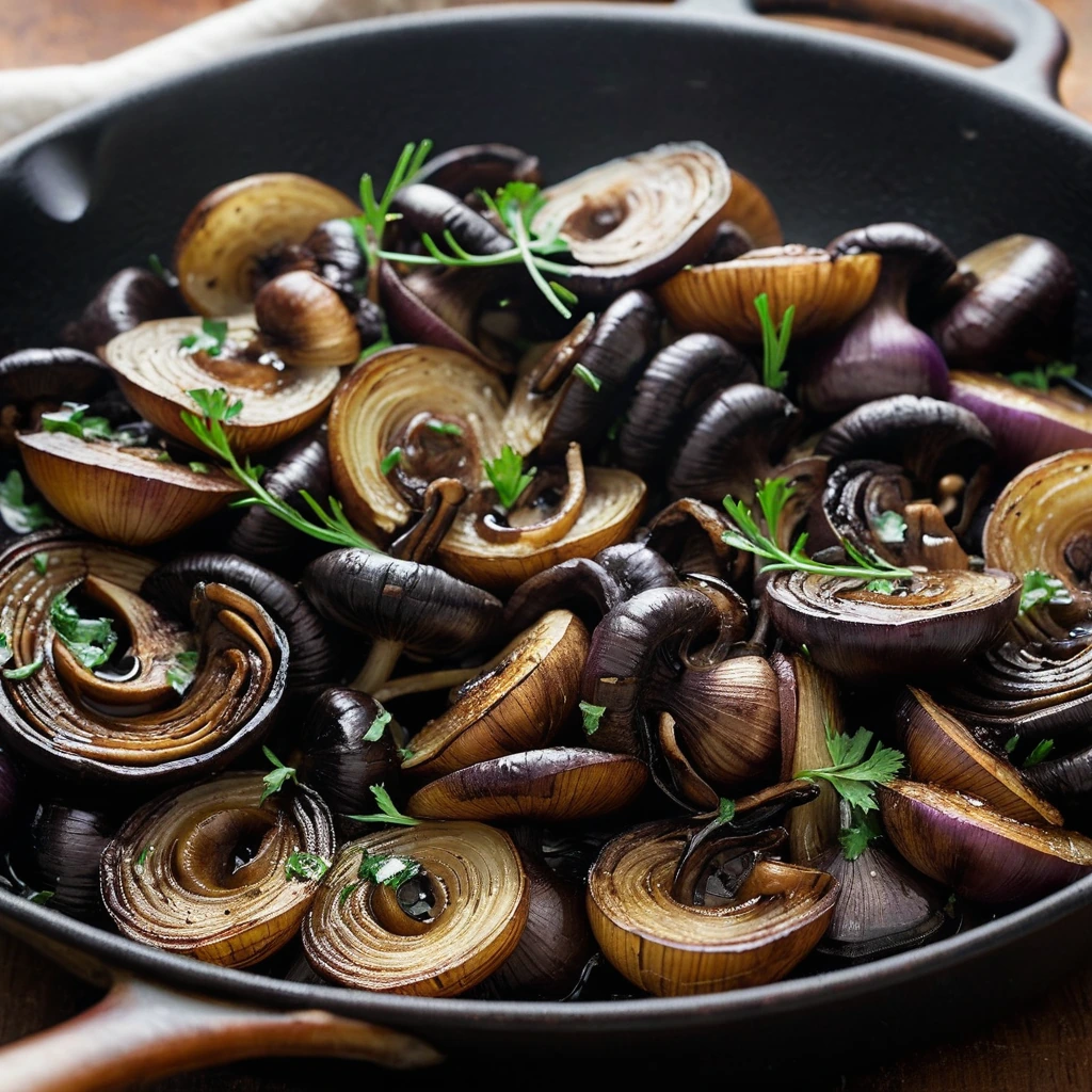 Dark brown roasted mushrooms and golden onions in a glossy balsamic reduction in a skillet.