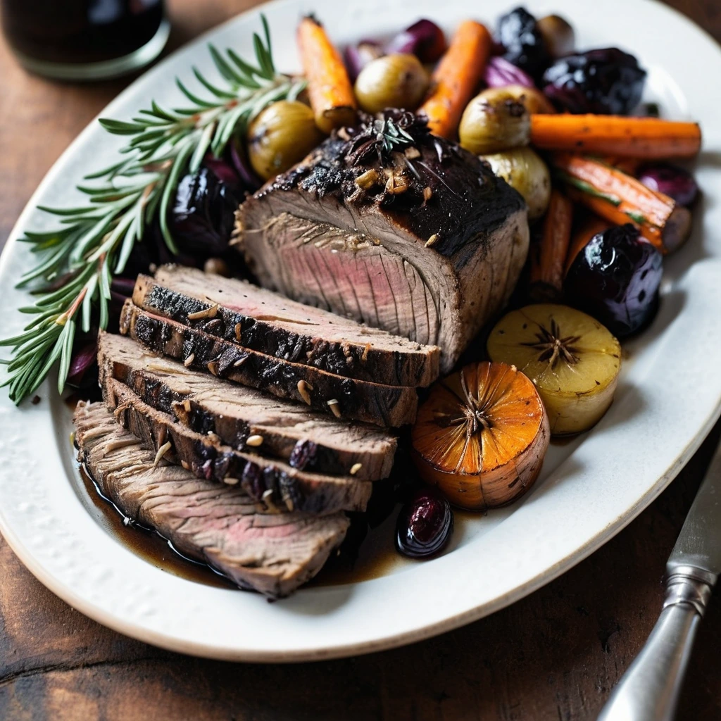 Golden roasted root vegetables surrounding a succulent pork roast, drizzled with a dark balsamic glaze and fresh rosemary sprigs.