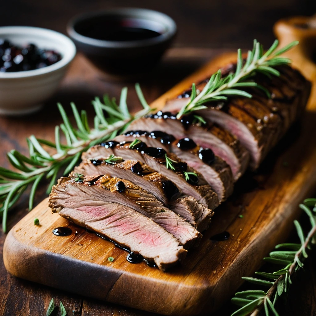 Golden-brown pork tenderloin sliced on a rustic wooden board, sprinkled with rosemary and drizzled with a dark balsamic glaze.