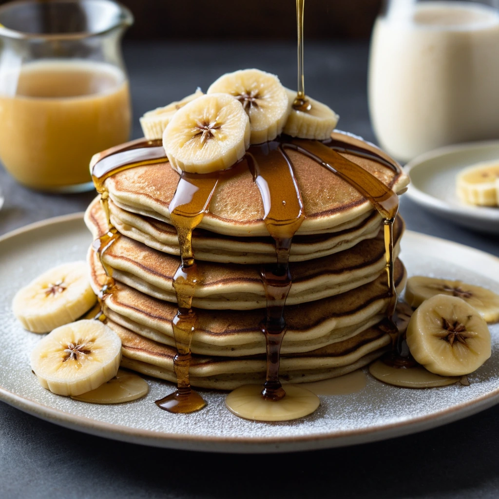 Stack of golden pancakes with banana slices, drizzled with shiny brown butter syrup, dusted with powdered sugar, and garnished with fresh mint leaves