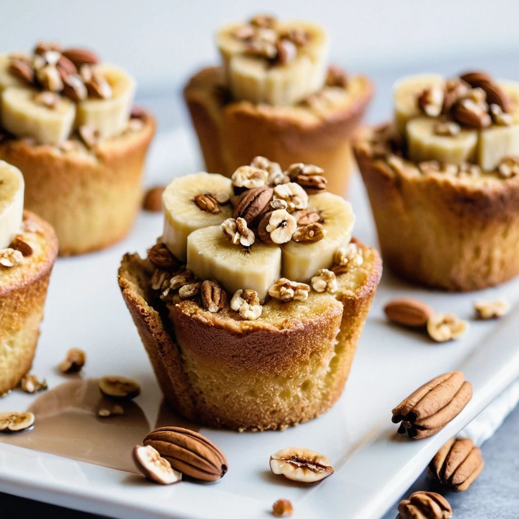 Six golden cups filled with baked french toast, topped with banana slices and chopped nuts.