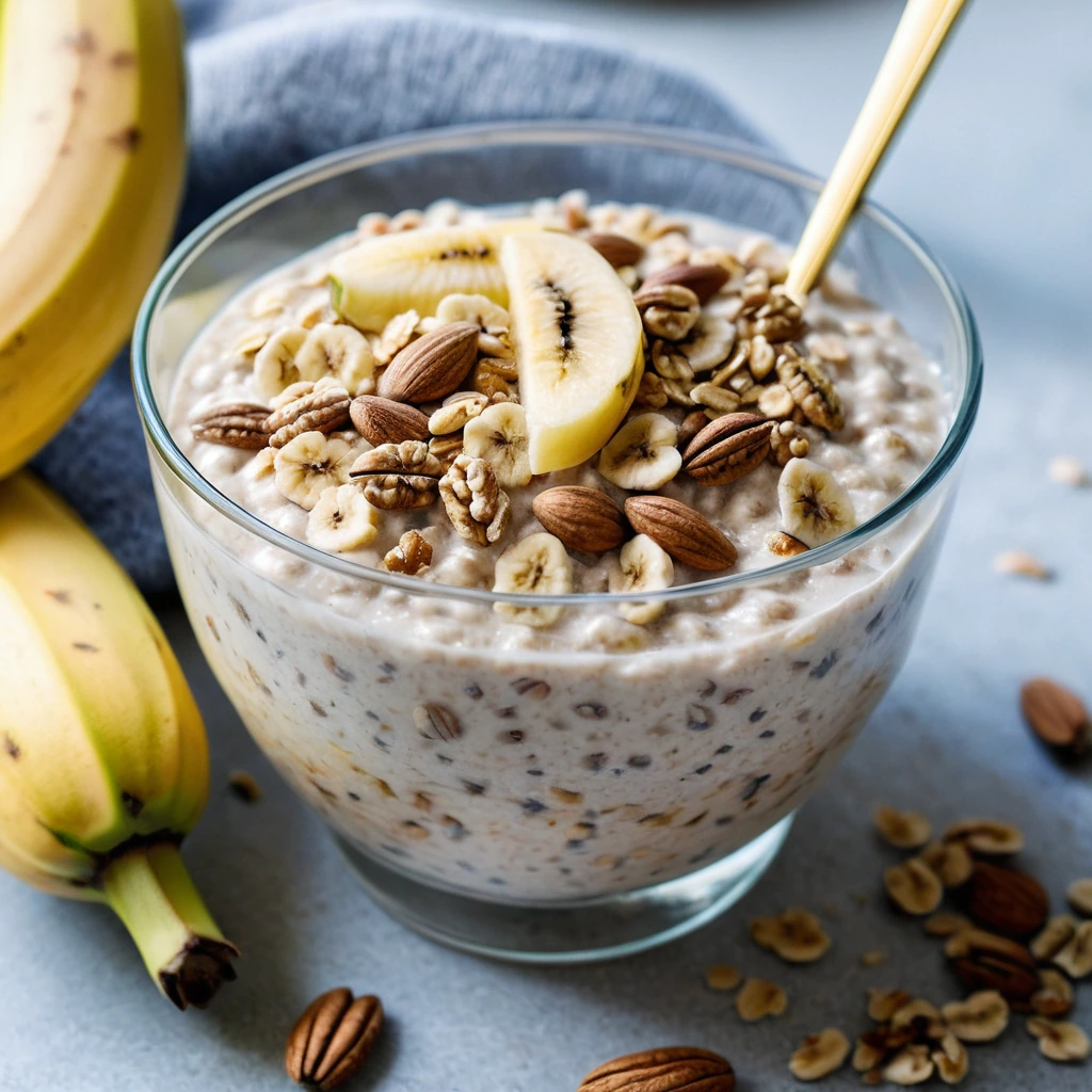 Bowl of thick banana-speckled oats with chopped nuts on top