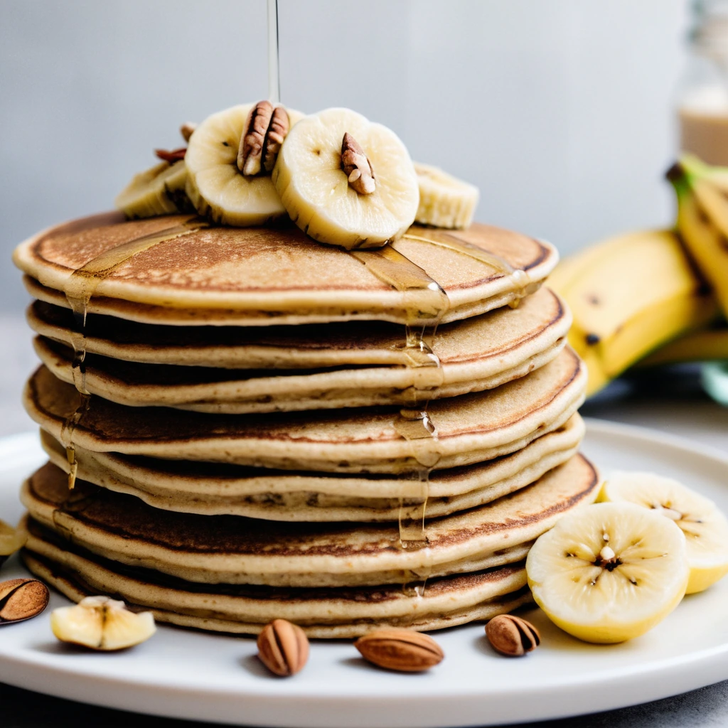 Stack of golden pancakes with banana slices and chopped nuts on a white plate