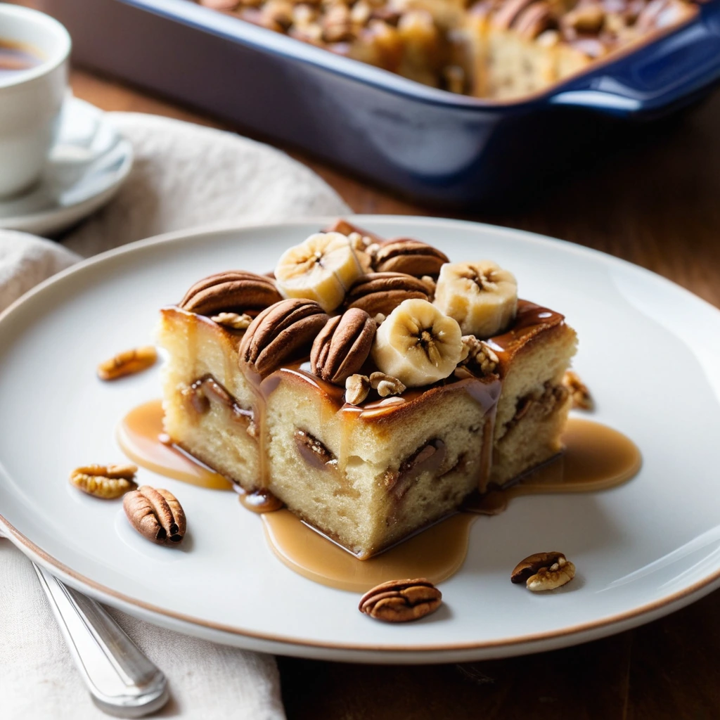 golden brown bread pudding slices in a pool of amber caramel sauce, garnished with banana slices and toasted pecans