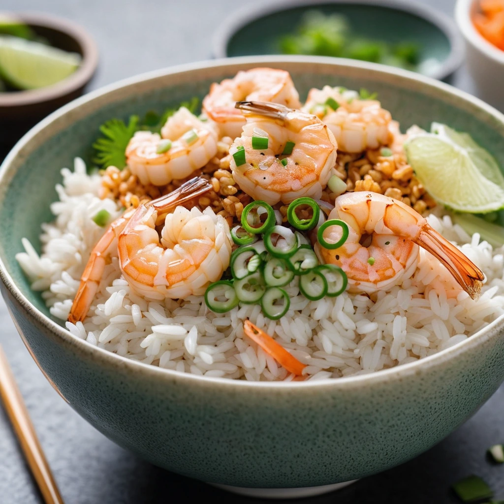 Colorful bowl with white rice, golden shrimp, and drizzles of creamy sauce, garnished with sesame seeds and scallions.