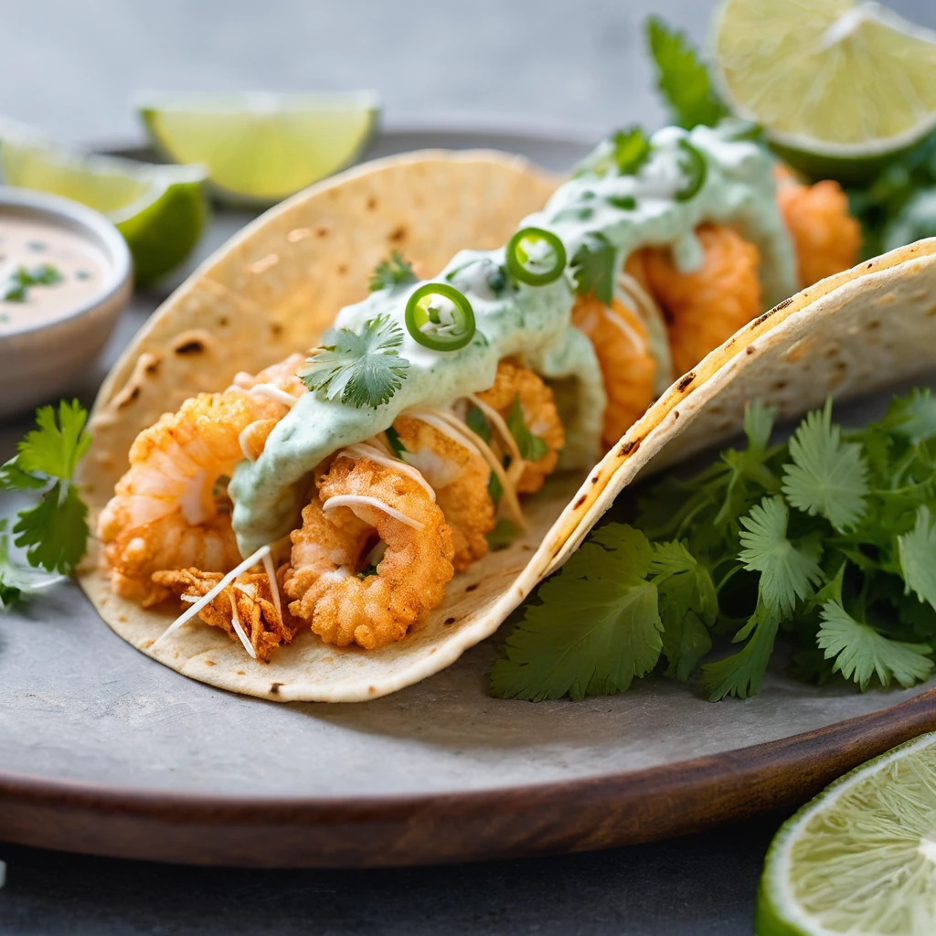 Golden shrimp in a creamy sauce nestled inside a golden crispy taco shell, garnished with fresh cilantro and lime wedges.