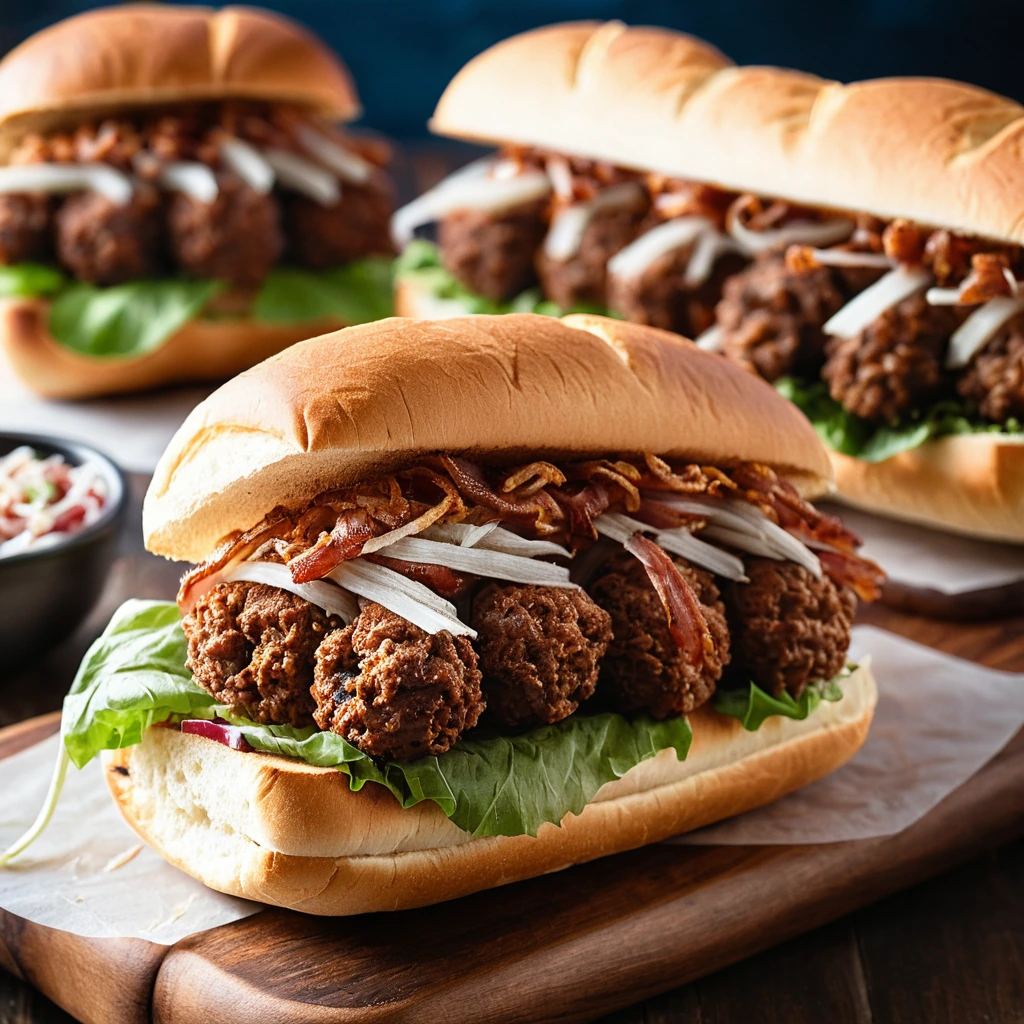 Subs overflowing with BBQ meatballs, bacon, and golden crispy onions in a toasted sub roll.