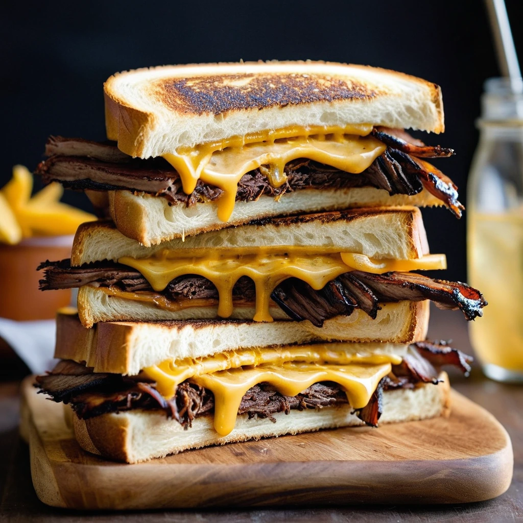 Grilled cheese sandwiches with melted cheddar and BBQ brisket, toasted to a golden brown with a sprinkle of sesame seeds.