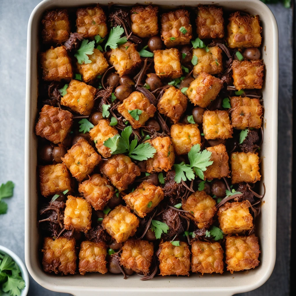 golden tater tots with shredded BBQ brisket in a casserole dish