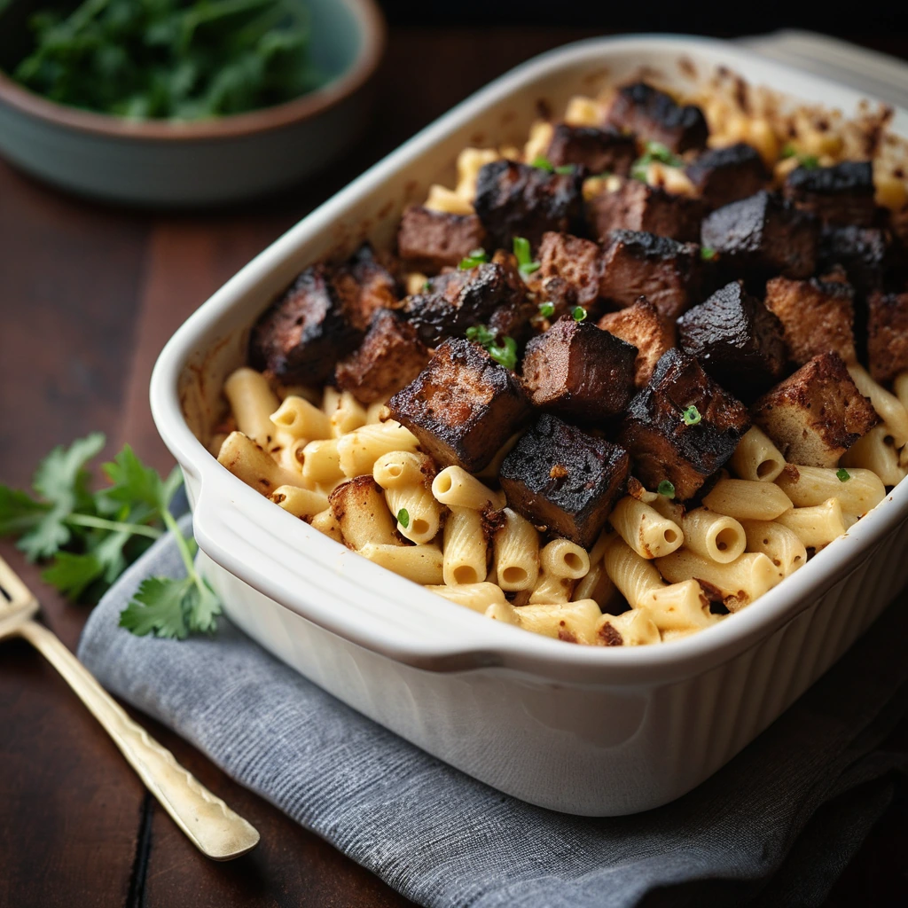 Golden macaroni and cheese in a baking dish, topped with caramelized burnt ends and a sprinkle of fresh parsley.